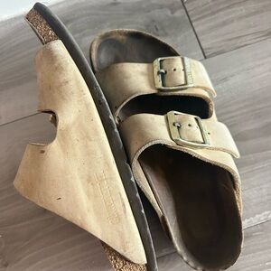 Beige Birkenstock Double Strap Cork Slide Sandals